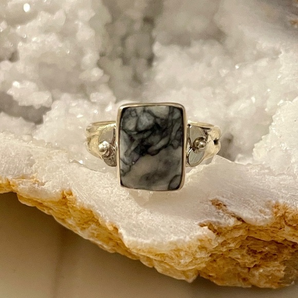 Vintage Jewelry - Mexican Cabbing Fossil Sterling Silver Ring 925 Size 7.5